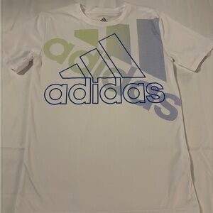 Adidas White Tee with Blue and Green Accents